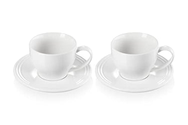 Le Creuset Steingut-Set mit 2 Cappuccino-Tassen und Untertassen, je 200 ml, Weiß im Sale